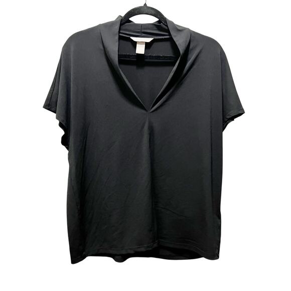 H&M Black Deep V-Neck Short Sleeve Relaxed Fit Top Blouse Size Large Workwear - Picture 1 of 5